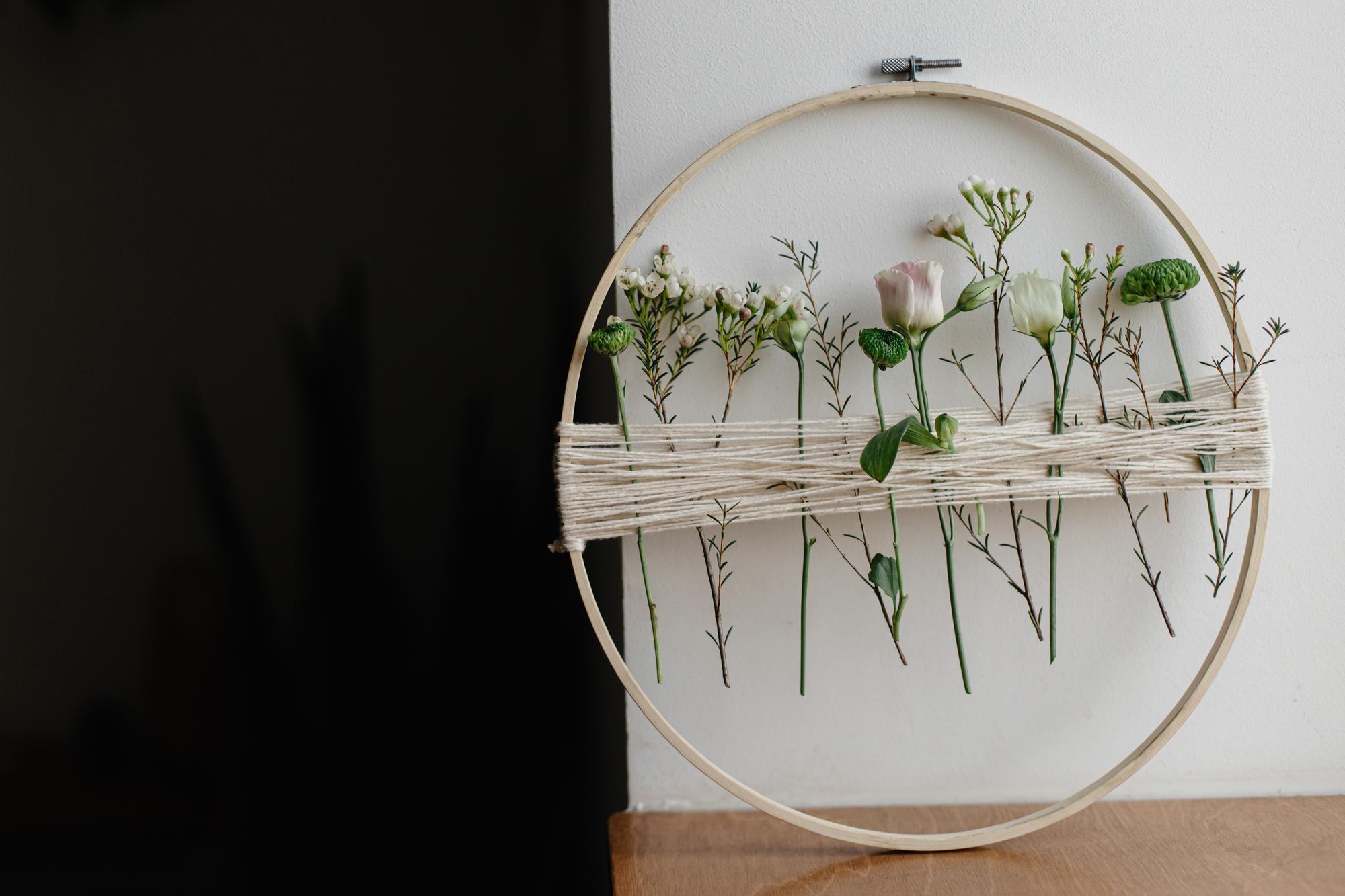 Framed embroidered botanical panel
