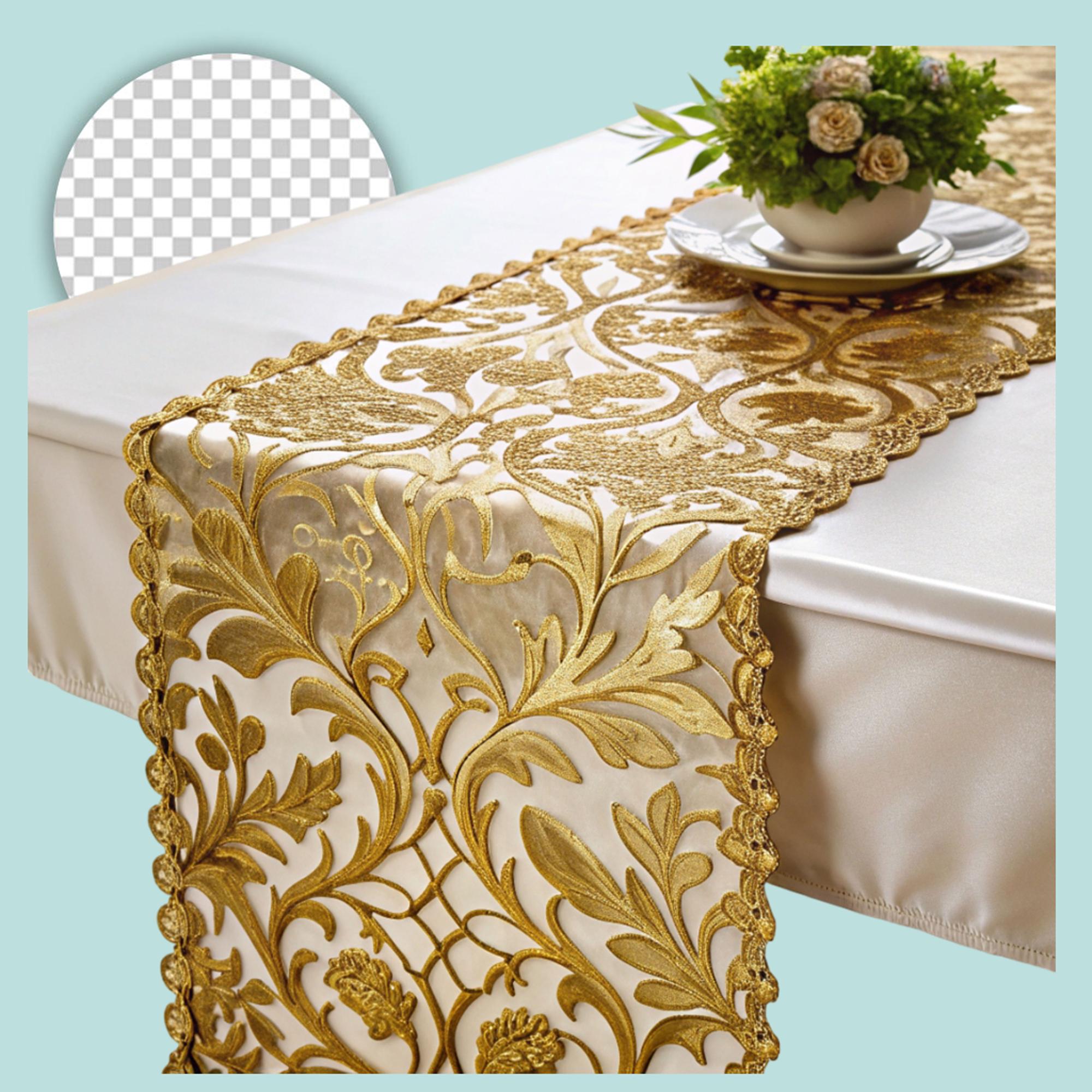 Table runner with intricate gold threadwork
